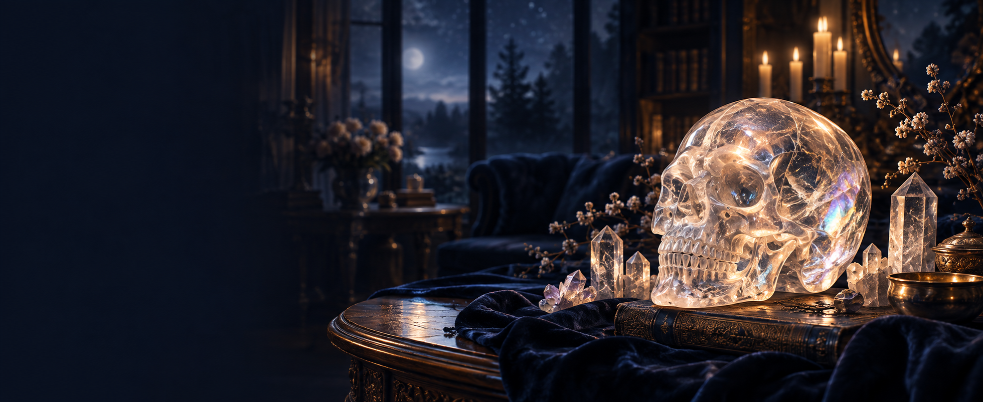 A luminous crystal skull surrounded by crystals in an elegant candlelit room